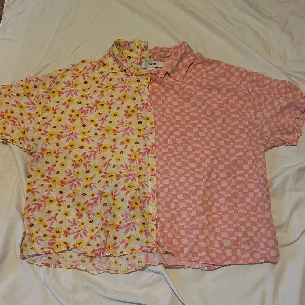 Forever 21+ Mixed Print Short Sleeve Button Down Rayon Shirt / 1X